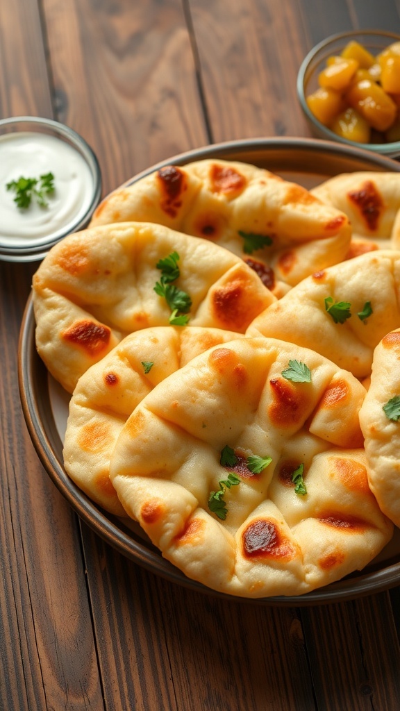 Onion Kulcha Recipe Golden brown onion kulchas served with yogurt and pickles on a rustic table.